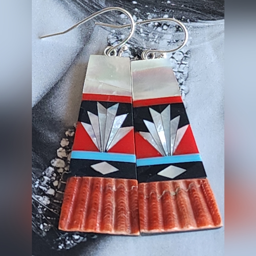 These are Sterling Silver Multistone Inlay Gibbsite Dangle Earrings